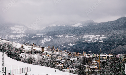 Winter landscapes of the high-altitude settlement of Mestia, Svaneti, Georgia. Swan towers. 