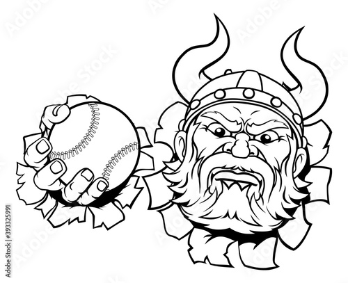 A viking warrior or barbarian baseball sports mascot cartoon character holding a ball