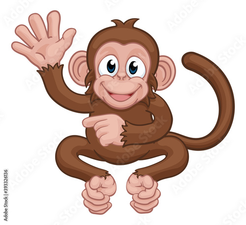 A monkey cute happy cartoon character animal waving and pointing photo