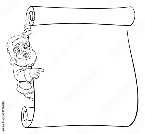 A Santa Claus Christmas scroll cartoon sign black and white outline graphic