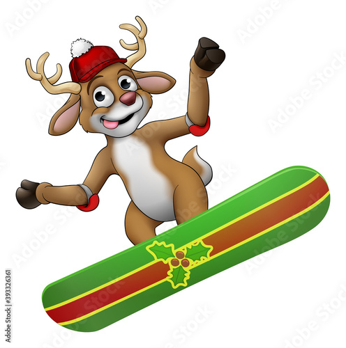 A Christmas Reindeer snowboarding on his or her snow board cartoon