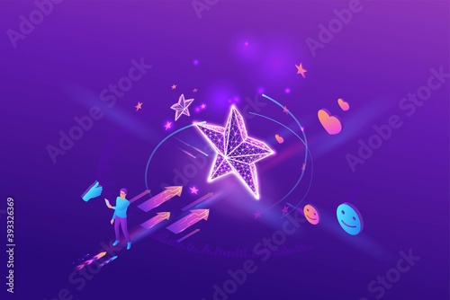 Feedback concept with 3d isometric star icon, customer rate product, client satisfaction survey, people review quality of service, purple vector illustration