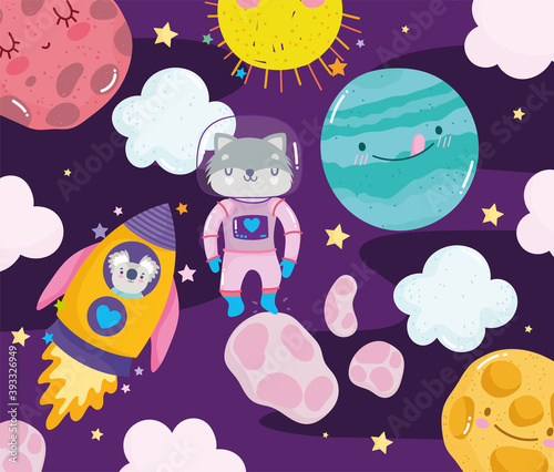 фотографія space raccoon astronaut rocket planet sun and clouds adventure galaxy cartoon