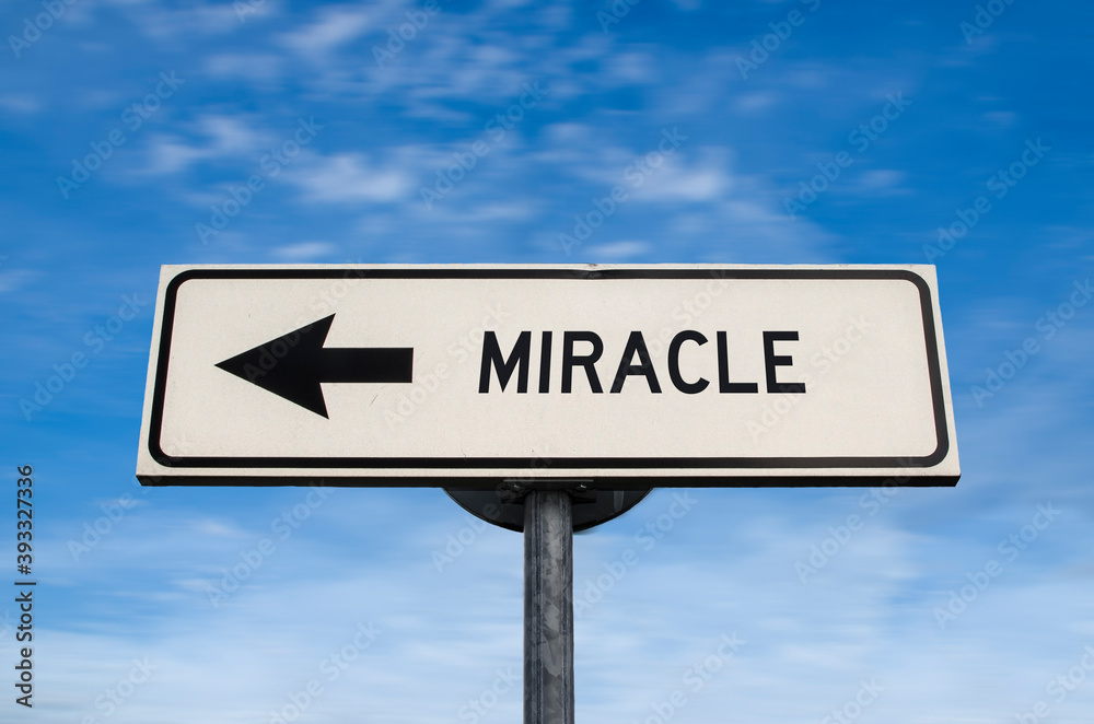 Miracle road sign, arrow on blue sky background. One way blank road sign with copy space. Arrow on a pole pointing in one direction. Miracle road sign, arrow on blue sky background. One way blank road sign with copy space. Arrow on a pole pointing in one direction.