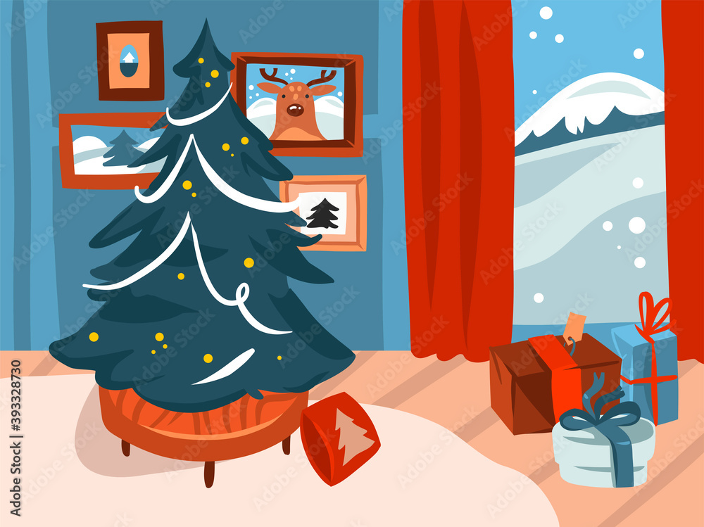 Hand drawn vector abstract stock flat Merry Christmas,and Happy New Year cartoon festive illustrations of big decorated Xmas tree in holiday home interior isolated on color background Hand drawn vector abstract stock flat Merry Christmas,and Happy New Year cartoon festive illustrations of big decorated Xmas tree in holiday home interior isolated on color background