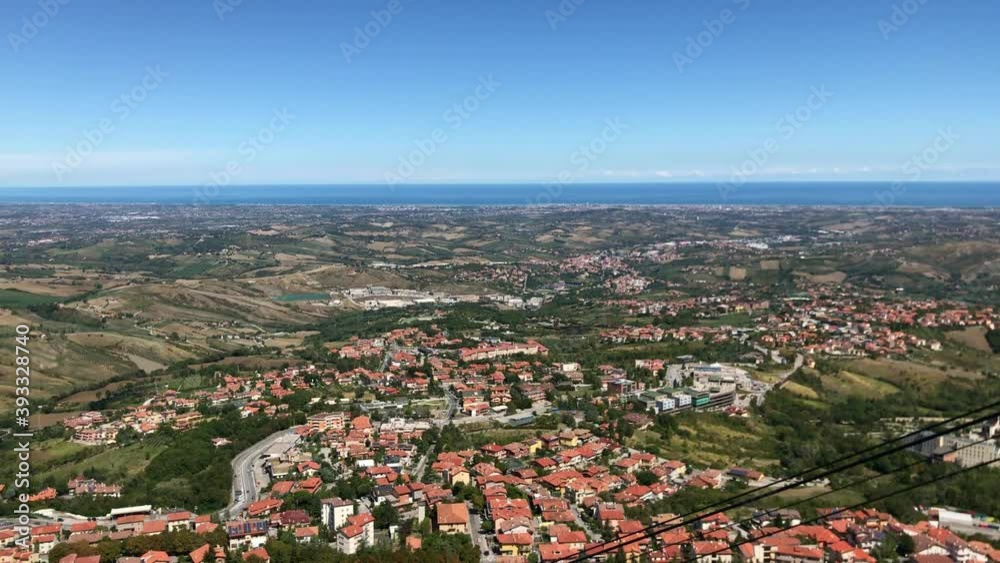 Fantastic view from the castle of the state of San Marino. Beautiful panorama of the valley at the foot of the mountain. Fantastic view from the castle of the state of San Marino. Beautiful panorama of the valley at the foot of the mountain.
