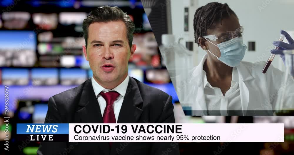 Male television news presenter in tv studio, breaking news about coronavirus vaccine
