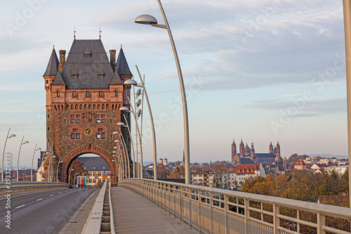 View of the Nibelungen Tower and Nibelungen Bridge in Worms without traffic and people photo