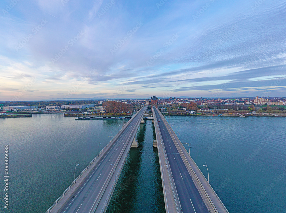 Aerial view of the Nibelungen Bridge in Worms with a view of the city gate Aerial view of the Nibelungen Bridge in Worms with a view of the city gate