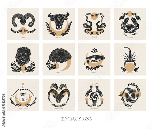 Set of Zodiac signs icons in boho style. trendy vector illustrations.