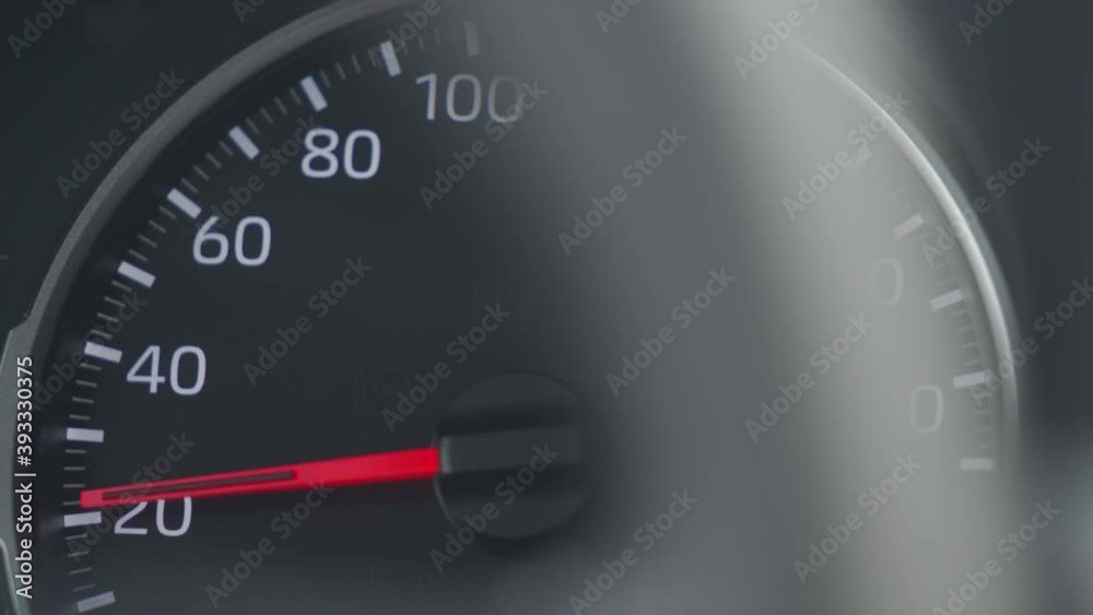 Car tachometer and moving pointer, car dashboard panel detail closeup. High quality 4k footage