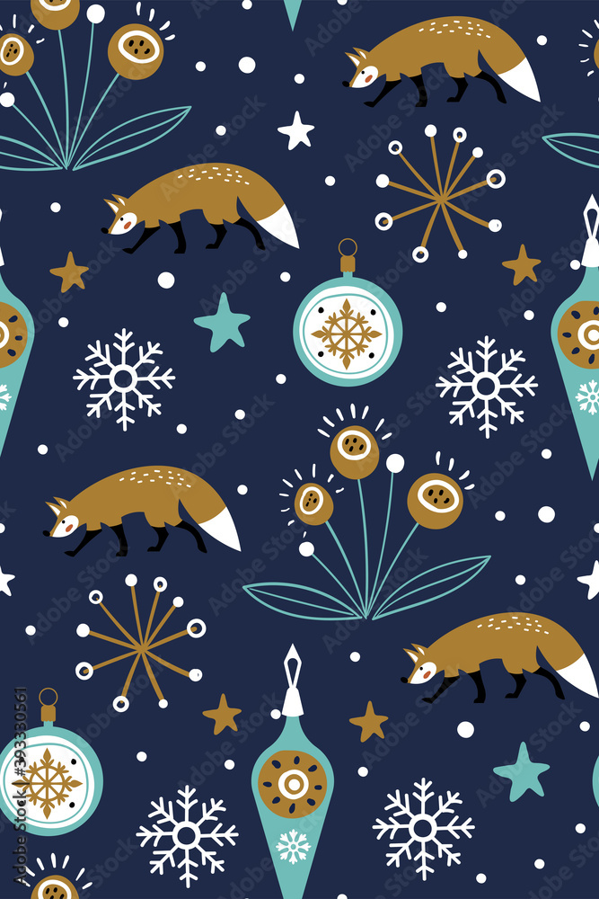 Christmas background with foxes and flowers. Can be used for winter holiday invitations, greeting cards, printed.Seamless vector pattern with cute woodland animals. Winter texture.Scandinavian style.