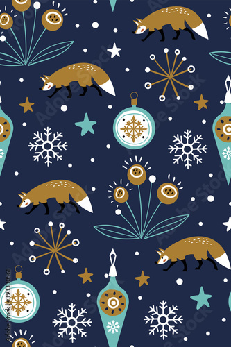 Christmas background with foxes and flowers. Can be used for winter holiday invitations, greeting cards, printed.Seamless vector pattern with cute woodland animals. Winter texture.Scandinavian style.