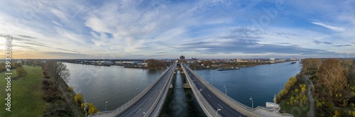 Aerial view of the Nibelungen Bridge in Worms with a view of the city gate