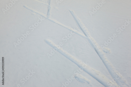 Winter background with snow texture closeup. Ski tracks in the snow