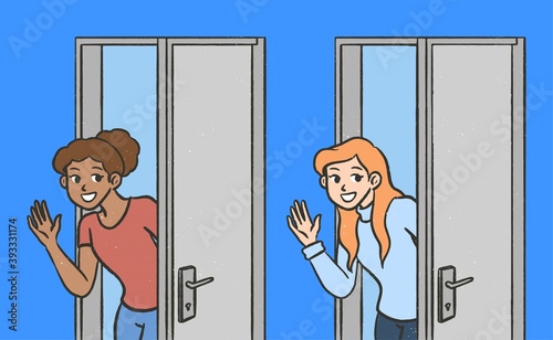 girl welcomes in from door cartoon hand drawn