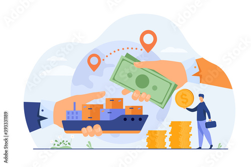 World trade process. Hands of people exchanging ship with cargo and cash. Vector illustration for international partnership, global business, world economy, export, import concept