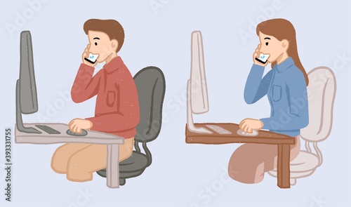male and female office worker on call cartoon character