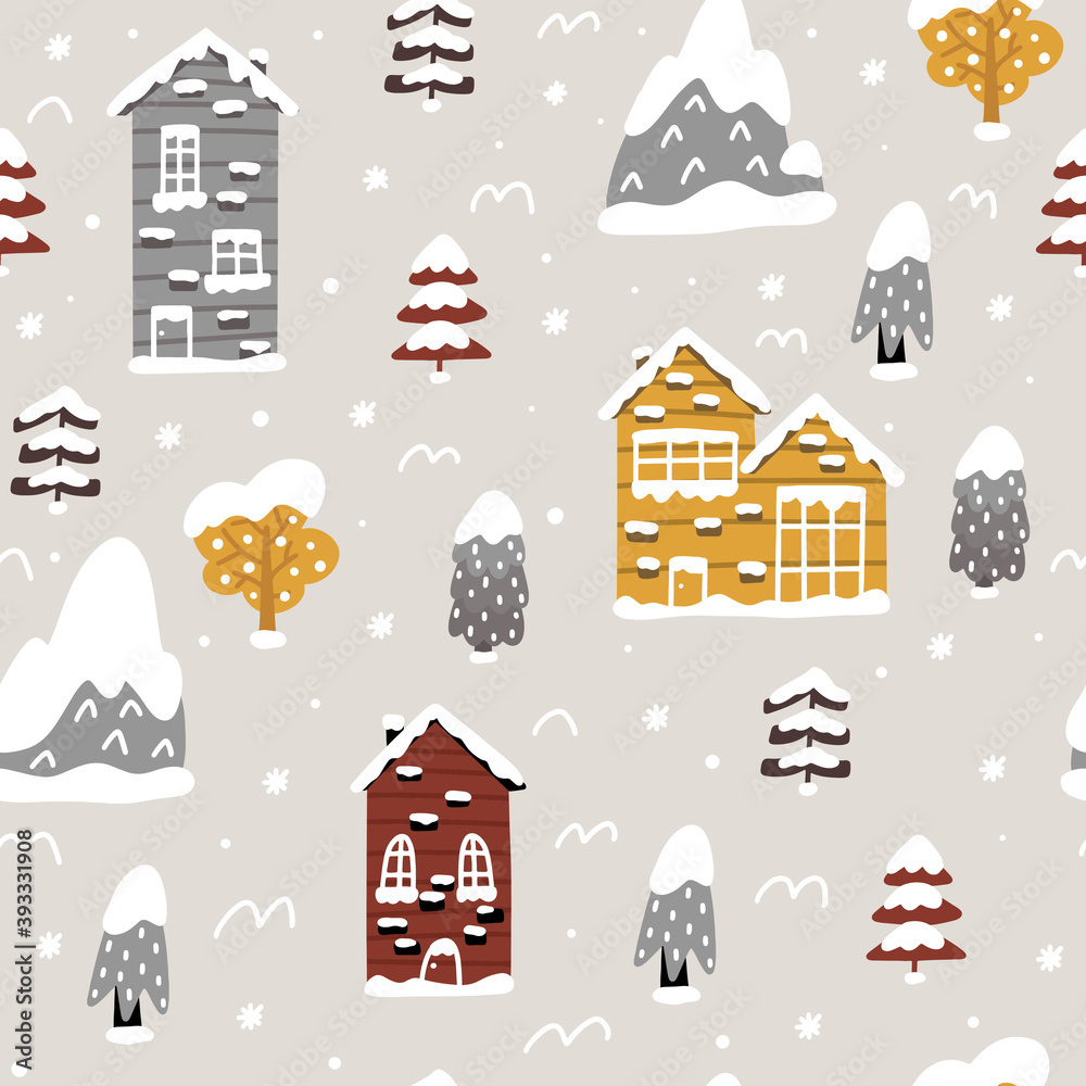 Cozy and warm seamless pattern with winter atmosphere: snowy houses and trees. Doodles in Scandinavian style vector illustration.