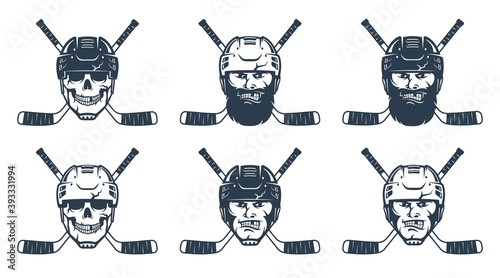 Hockey player head and crossed sticks. Hockey emblem template. Vector retro illustration.