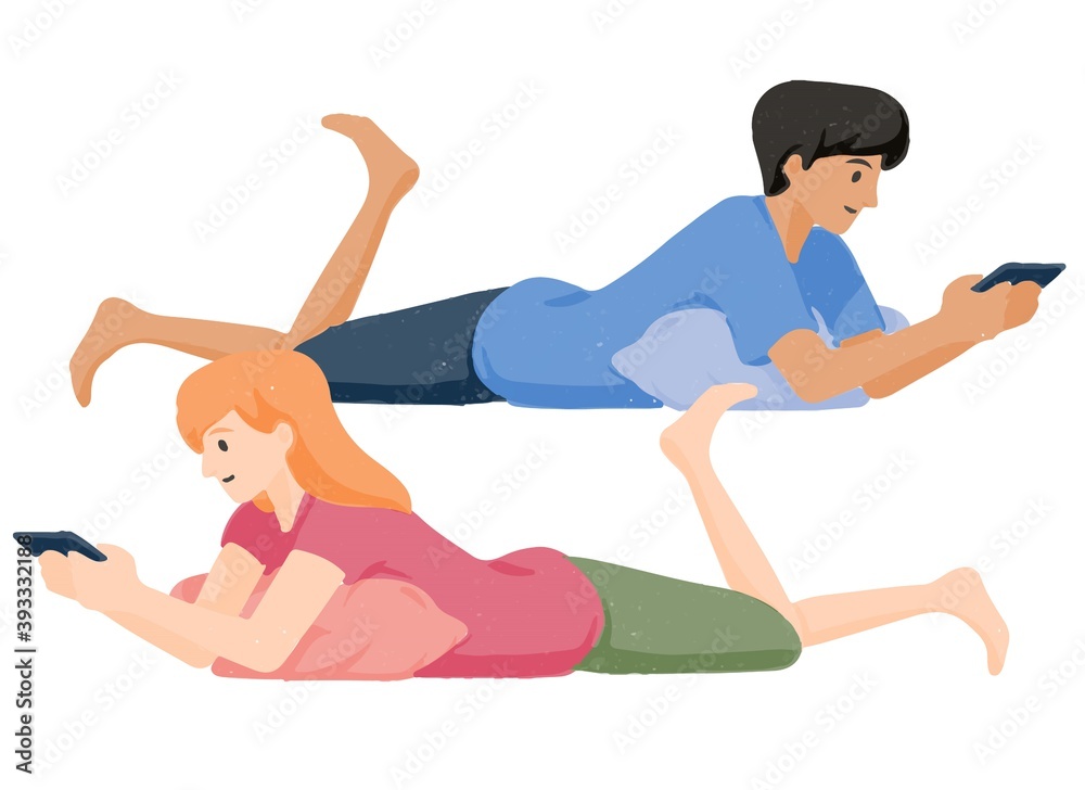 cozy boy and girl hold on handphone cartoon cozy boy and girl hold on handphone cartoon