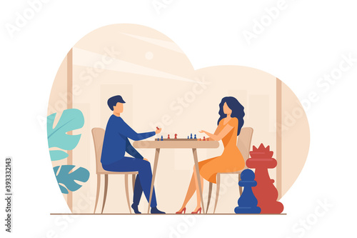 Couple playing chess. Man and woman at chessboard flat vector illustration. Leisure, hobby, intelligence, challenge concept for banner, website design or landing web page