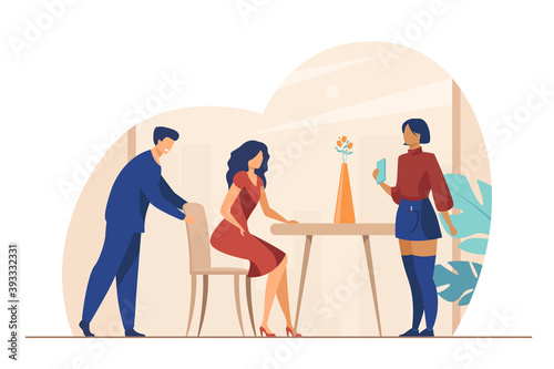 Headwaiter welcoming customer in cafe. Woman sitting down at table, waiter accepting order flat vector illustration. Restaurant, service concept for banner, website design or landing web page