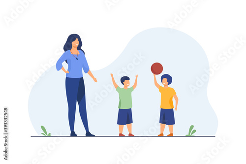 Sport coach standing at kids playing ball. Teacher, trainer, instructor flat vector illustration. Physical education, basketball, school activity concept for banner, website design or landing web page