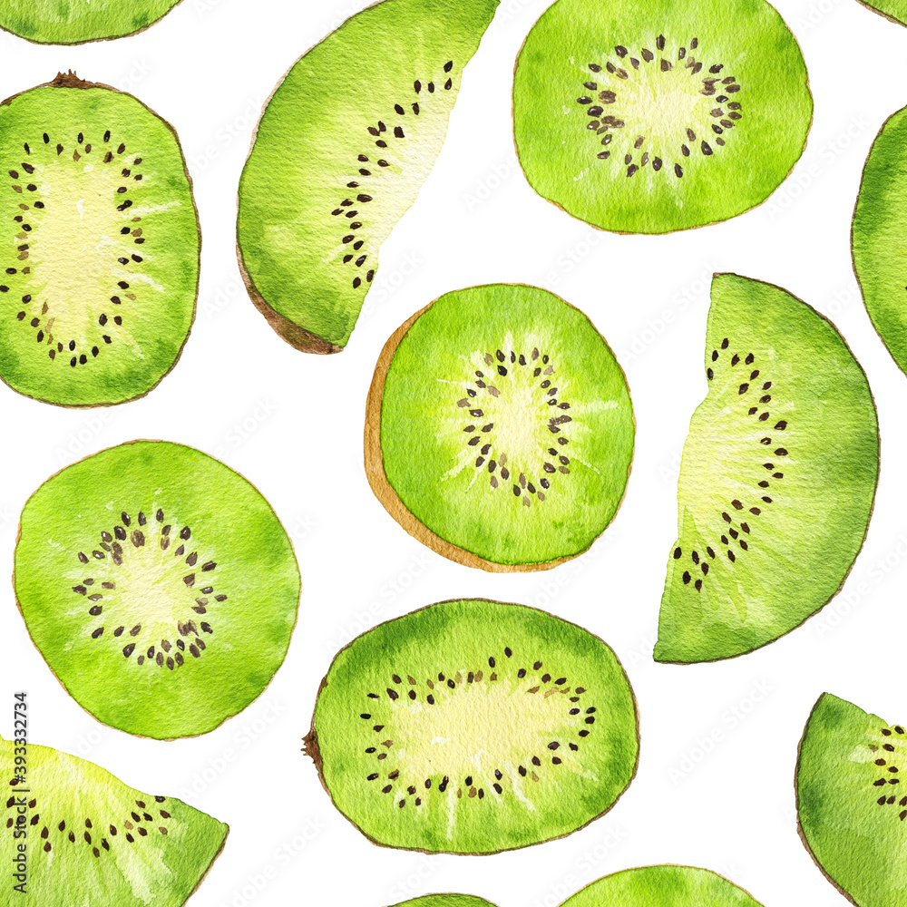 Fototapeta premium Watercolor seamless pattern with kiwi fruit isolated on white background.