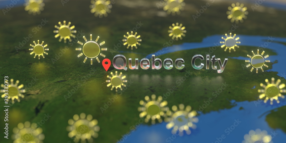 Sunny weather icons near Quebec City on the map, weather forecast related 3D rendering Sunny weather icons near Quebec City on the map, weather forecast related 3D rendering