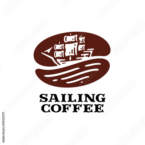 coffee bean logo with sailing ship illustration in vintage design