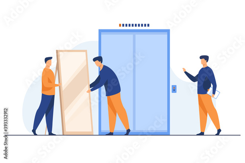 Male loaders carrying big mirror to elevator. Men with furniture in building hall flat vector illustration. Moving to new apartment, delivery concept for banner, website design or landing web page