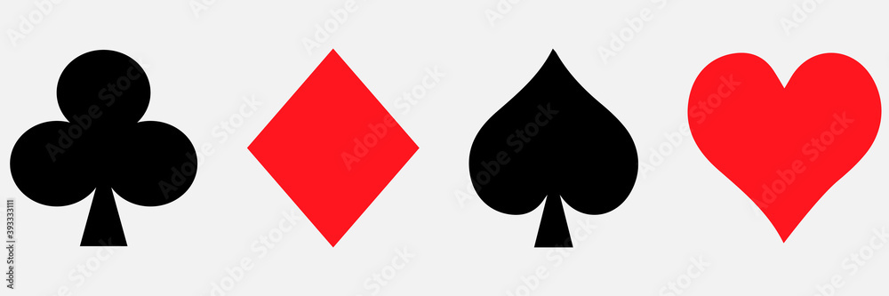 Set of four playing cards suits symbols, spade, heart, club and diamond.  Simple flat style. Design