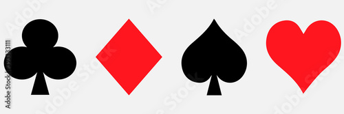 Set of four playing cards suits symbols, spade, heart, club and diamond. Simple flat style. Design for your web site design, logo, app, UI. Poker card suits symbol. Isolated on white background.
 photo