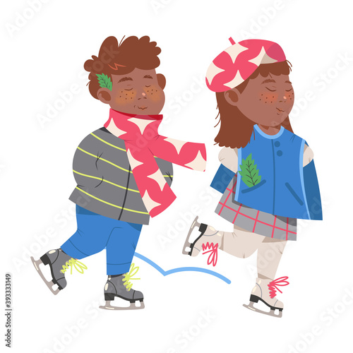 Smiling Boy and Girl in Warm Winter Clothing Ice Skating Vector Illustration