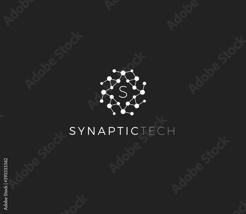 Synapse structure, abstract vector logo concept. Synaptic tech emblem, isolated icon on white background. Round dot surface logotype for innovate medical business and digital technology startup