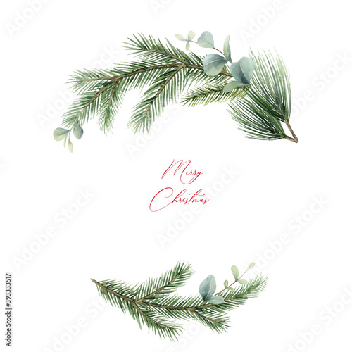 Watercolor vector Christmas wreath with fir branches and eucalyptus.