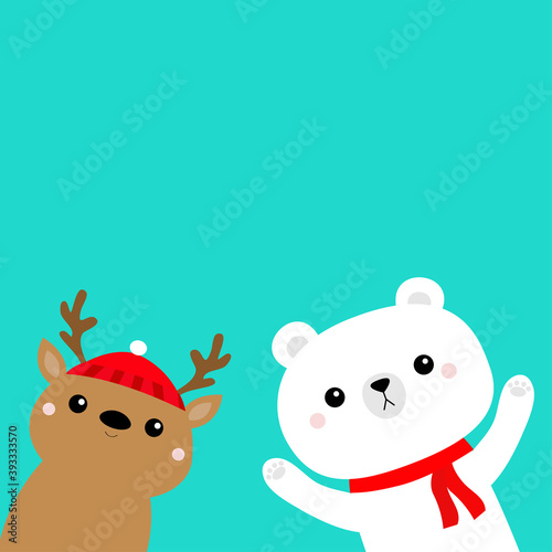White polar bear in red scarf. Deer in Santa hat. Merry Christmas. Hello winter. Cute cartoon kawaii baby character. Happy New Year. Arctic animal face head set. Flat design. Blue background.
