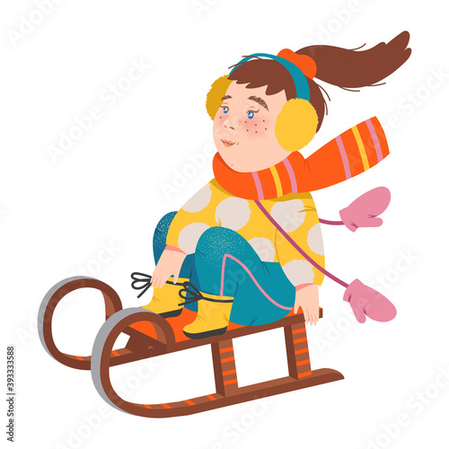 Little Girl in Warm Earmuffs and Scarf Sledging Vector Illustration