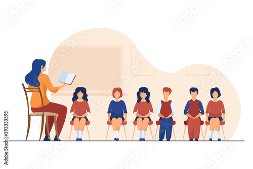 Singing coach teaching group of children. Music teacher, choir of kids in classroom flat vector illustration. Music lesson, education, hobby concept for banner, website design or landing web page