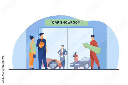 People choosing and buying automobile. Car showroom, customer, seller flat vector illustration. Vehicle purchase, test drive, transport concept for banner, website design or landing web page
