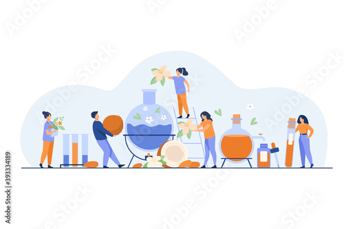 Team of technologists making skin care products, mixing herbs, blossoms and essential oils in distiller. Vector illustration for cosmetic production process concept