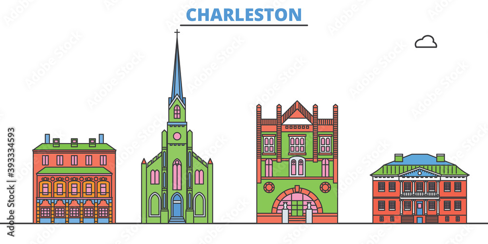 Fototapeta premium United States, Charleston cityscape line vector. Travel flat city landmark, oultine illustration, line world icons