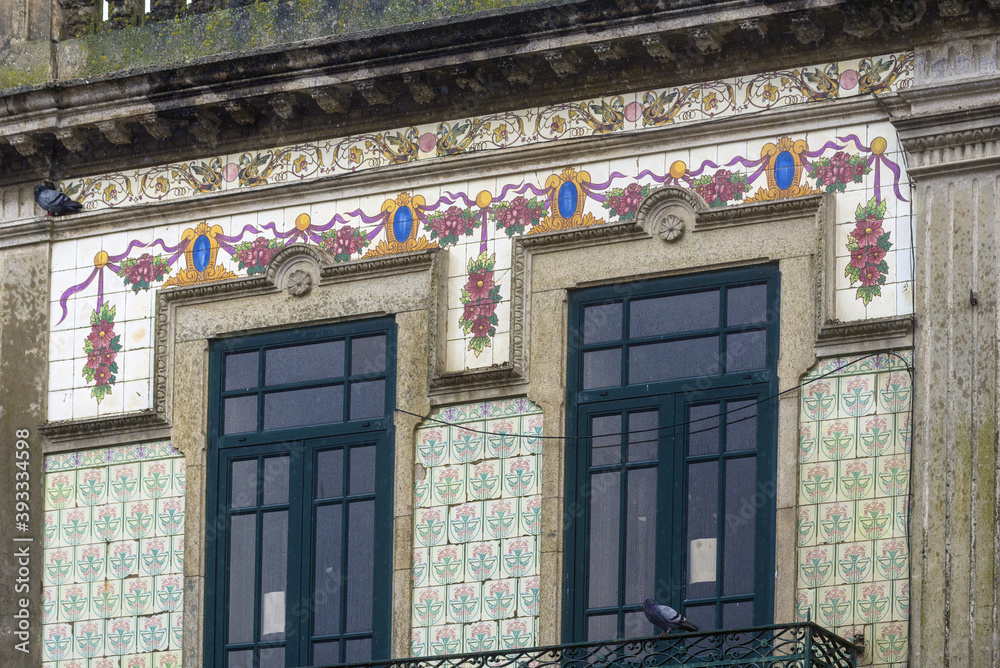 Fototapeta premium detail of one of the 800 tiled facades with geometric azulejos identified in Ovar, Aveiro district, Portugal