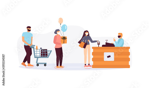A group of people keep the distance at the checkout in a store. Vector illustration