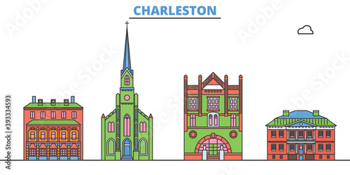 United States, Charleston cityscape line vector. Travel flat city landmark, oultine illustration, line world icons