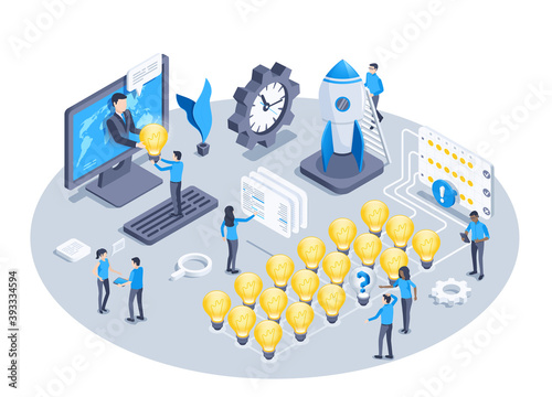 isometric vector illustration isolated on white background, business ideas factory, working people and light bulbs, business formation and launch