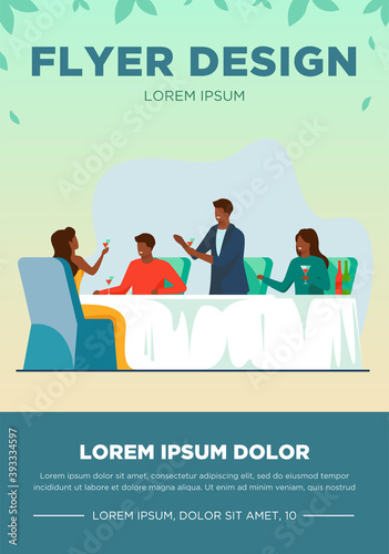 Happy people enjoying wine tasting. Party, dining table, toast flat vector illustration. Celebration, ceremony, festive event concept for banner, website design or landing web page