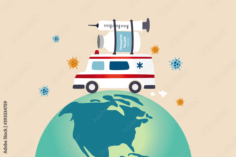 Fototapeta premium COVID-19 vaccine distribution worldwide after approval and ready to ship around the world to protect from Coronavirus concept, ambulance or medical truck carrying COVID-19 vaccine and syringe on globe