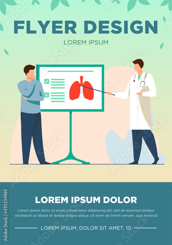 Doctor telling about lungs to patient. Lecture, disease, respiration flat vector illustration. Medicine and healthcare concept for banner, website design or landing web page